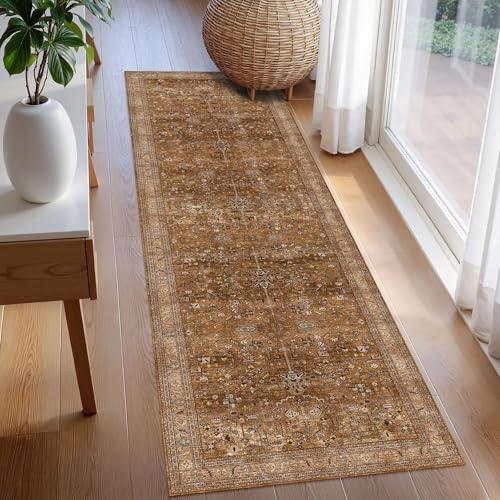 Washable Area Rug 2'6'' x 8' Vintage Traditional Persian Mat (Bronze and Ivory / 2'6" x 8' (Rectangular))