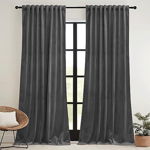 Grey Velvet Blackout Curtains 96 inches for Bedroom Living Room (Grey / 52"W x 96"L (Pack of 2))