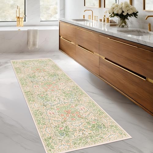 Non Slip Beige Green Bathroom Runner Rug (Garden Green / 2' x 6' (Runner))