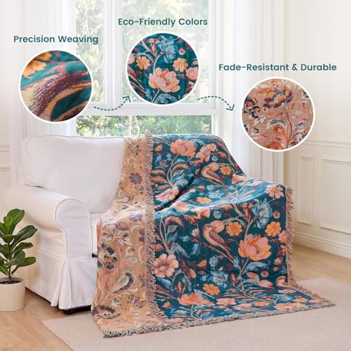 Boho Throw Blanket 50"x60" Cotton Birds Floral Blanket for Couch (Flowers Birds / 50"x60")