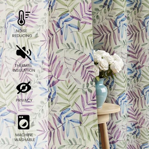 84 Inches Blue and Purple Leaves Linen Curtains for Bedroom (Linen Blue and Purple / 52"W x 84"L (Pack of 2))