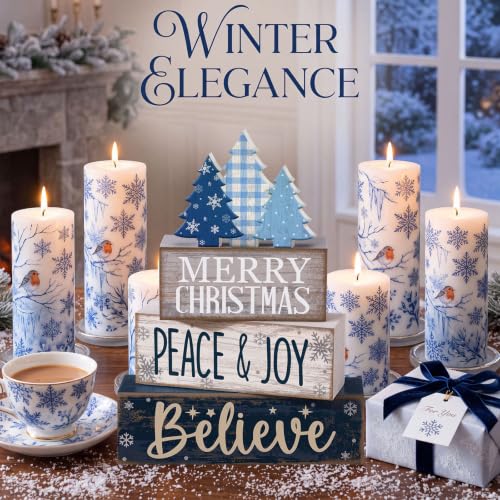 4 Pcs Christmas Table Decorations Blue Christmas Tree Stacked Wooden Sign Decor Rustic Winter Tiered Tray Decor Blue and White Xmas Table Centerpiece Farmhouse for Home Kitchen Shelf (Rustic Decorative)