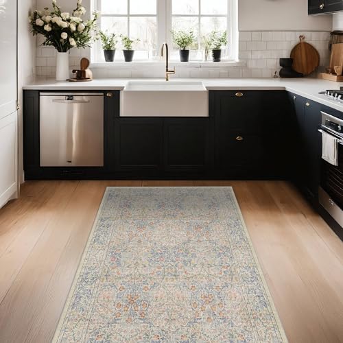 3x5 Washable Area Rug for Bedroom Beside Bed Mat (Beige Blue / 3' x 5' (Rectangular))