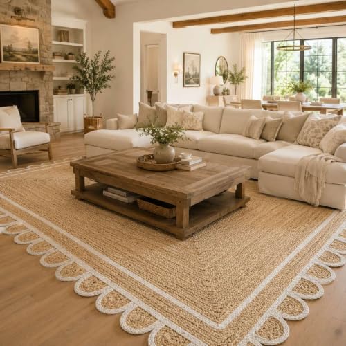 Scalloped Natural Jute Area Rug 8x10 Ft (Off White / 8' x 10' (Rectangular))
