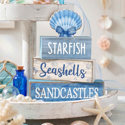 4 Pcs Beach Wooden Signs Table Decor with Shell (Shell Bow)