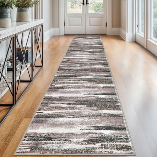 Modern Abstract Runner Rug 2.6x12 (2'7" x 12' (Runner) / Dark Light Brown White)