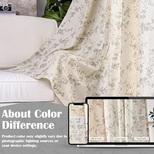 Grey Vintage Floral Linen Curtains Farmhouse 38W X 90L 2 Panels (Grey on Beige / 38"W x 90"L (Pack of 2))