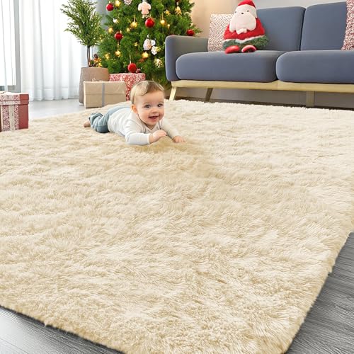 6x9 Machine Washable Large Area Rugs for Living Room (6x9 Ft / Cream)