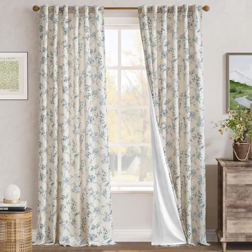 Blue Floral Linen Curtains Lined 96 Inch Vintage Back Tab 2 Panels (Charlotte Blue / 50"W x 96"L (Pack of 2))