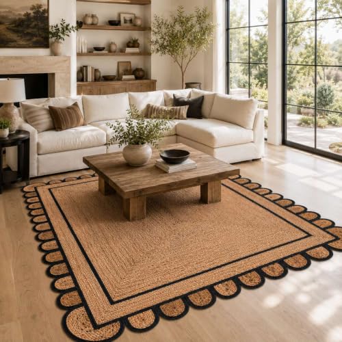 Scalloped Natural Jute Area Rug 5x8 Ft (Black / 5' x 8' (Rectangular))