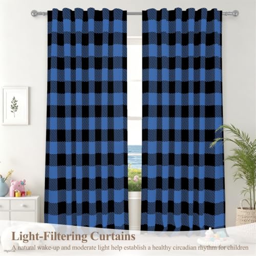 53 x 84 Inch Linen Buffalo Plaid Check Curtains Blackout Room Darkening Thermal Insulated Deep Blue Buffalo Checkered Window Drapes Farmhouse Bedroom Living Room Pocket Tab Curtain 2 Panels (Deep Blue / 53"W x 84"L (Pack of 2))