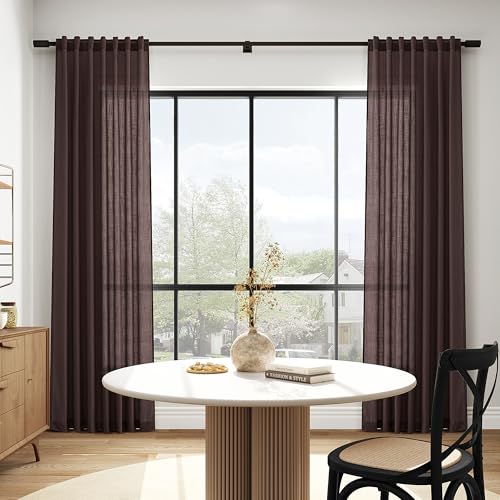 Coffee Brown Linen Curtains for Living Room 100 Inches Long Light Filtering Semi Sheer Curtain Back Tab Luxury Modern Rustic Home Decor Neutral Drapes for Bedroom Dinner Room 52x100 (52"W x 100"L (Pack of 2) / Coffee Brown)