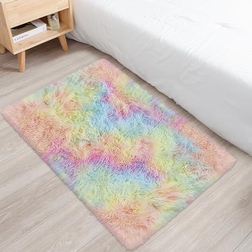 Small Fluffy Rainbow Colorful Area Rug for Girls Bedroom 2x3 Mini Kawaii Tie Dye Rug Fuzzy Unicorn Throw Rug for Living Room Kids Nursery Baby Princess Room Home Decor Aesthetic Carpets (Tie-dyed Rainbow / 2' x 3' (Rectangular))