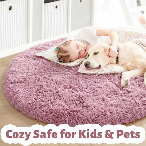 Mauve Pink Round Plush Rug 5Ft for Girls Bedroom Nursery Playroom (Mauve Pink / 5' (Round))
