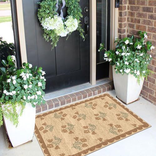 Front Door Mat Indoor Outside Entrance 2x3 Tan Floral Scalloped Rug (Flower - Wheat/Tan/Sage / 2' x 3' (Rectangular))