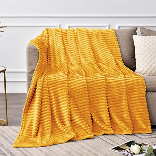 Ribbed Mustard Yellow Fleece Throw Blanket for Couch (Mustard Yellow / Throw XL(50"x70"))
