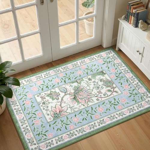 Blue Green Pink 2x3 Door Mat Indoor Rugs for Entryway Provence Small Botanical Grove Cottage core Washable Non (Blue Green Pink / 2' x 3' (Rectangular))