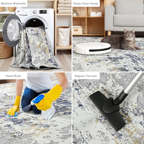 Washable 5x7 Area Rug with Non (Blue White Gold / 5' x 7' (Rectangular))