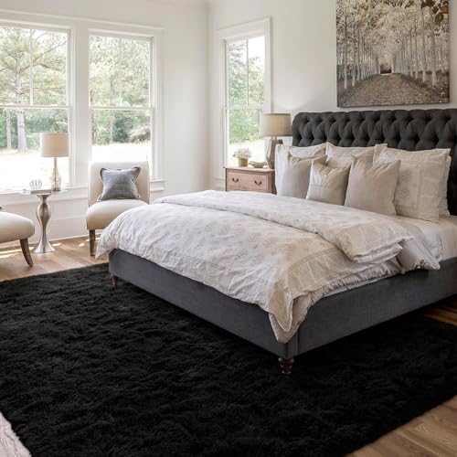 5x7 Ft Shag Black Rug for Bedroom (Aa Black / 5' X 7' (Rectangular))