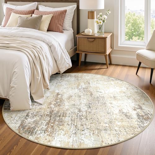 Washable Round 4ft Area Rug for Living Room Neutral Brown (Gray/Neutral Brown / 4' (Round))