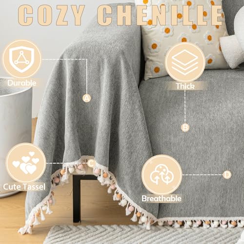 Couch Slipcovers for Sofas Dark Grey Couch Cover Sofa Cover for Dogs Boho Pet Couch Protector with Tassel Chenille Herringbone Couch Cover for 2 3 Seat Washable Pet Friendly (91" x 134" / Tassel Ball: Dark Grey)