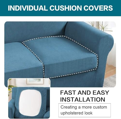 4 Piece Sofa Covers for 3 Cushion Couch Sofa Slipcover Soft Couch Cover for Dogs Washable Furniture Cover with 3 Individual Large Cushion Covers Feature Fabric (L Sofa (3 Cushion) / Dusty Blue)