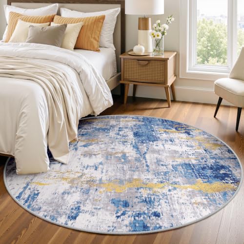 Washable Round 4ft Area Rug for Living Room Blue Gold (Blue/Gold / 4' (Round))