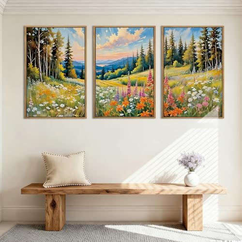 Colorful Woodland Wall Art Large Floral Field Wall Decor 16x24 Inch Set of 3 for Living Room Bedroom Dining Room (24"L x 16"W / Colorful Nature)