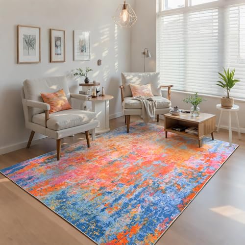 Living Room Rug 5x7 Rainbow Area Rugs Washable Boho Colorful Rug Non Slip Abstract Vintage Indoor Large Carpet for Bedroom (Rainbow / 5' x 7' (Rectangular))