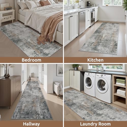 2 x 8 Hallway Runner Rug Non Slip Super Soft Long Runner Rugs Machine Washable Low Pile Modern Abstract Runners for Hallways for Bedroom Laundry Room Kitchen (Grey / 2' x 8')