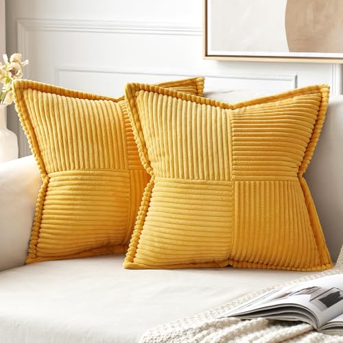 Golden Yellow Corduroy Pillow Covers 16x16 Inch with Splicing Set of 2 Soft Boho Striped Pillow Covers Broadside Decorative Textured Summer Pillowcases for Couch Cushion Bed Livingroom (Golden Yellow / 16" x 16" (Pack of 2))