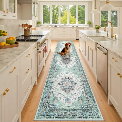 Washable Area Rug (Teal Green/White/Navy / 2' x 10' (Rectangular))