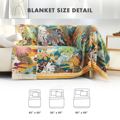 Boho Throw Blanket 60"x80" Cotton Floral Blanket for Couch Sofa Bed (Leaves Flowers 2 / 60"x80")