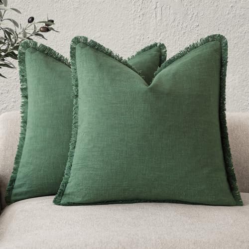 Decorative Linen Fringe Throw Pillow Covers 16×16 Pine Green (16" x 16" (Pack of 2) / Abundant Green)