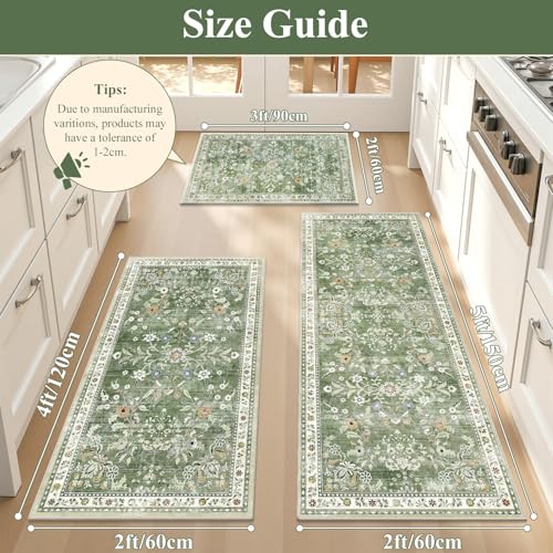 2x3+2x4+2x5Ft Washable Kitchen Rug Set of 3 Non Slip (Green / 2' x 3'+2' x 4'+2' x 5')