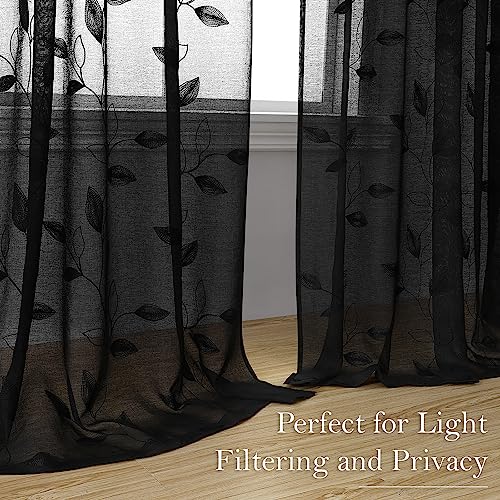 Black Sheer Curtains Leaf Embroidered (52"W x 63"L (Pack of 2) / Black)