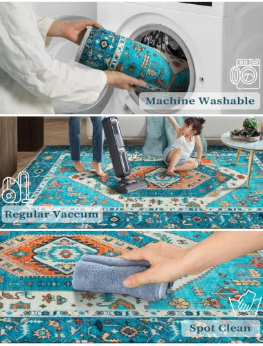 2x6 Washable Non Slip Boho Runner Rug for Hallway (Blue/Multi / 2' x 6' (Runner))