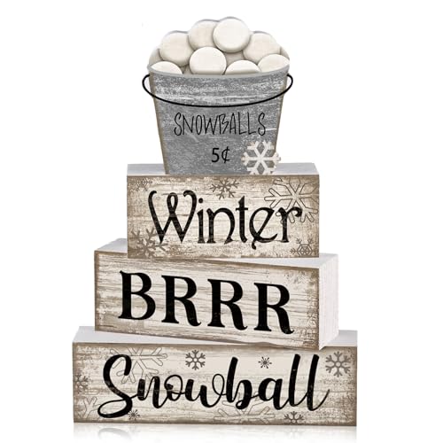 4 Pcs Winter Wooden Block Signs Farmhouse Table Decoration (Snow Bucket)