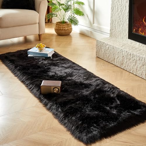 Faux Fur Rug Black Ultra Soft Fluffy Shag Sheepskin Rug (2' x 6' (Rectangular) / Black)