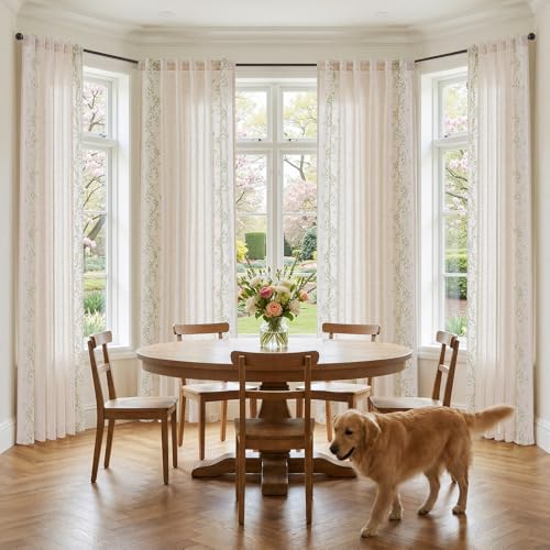 Floral Linen Curtains 84 Inch Farmhouse Back Tab 2 Panels (Vine | Sage / 50"W x 84"L (Pack of 2))