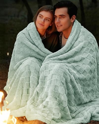 Plush Checkered Fleece Blanket Sage Green Throw (Sage Green / Throw)