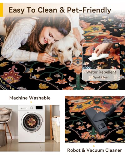 Washable Area Rug (Black/Colorful / 8' (Round))