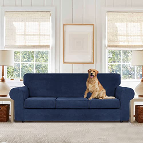 4 Pieces Couch Cover for Sofa Velvet Sofa Covers Washable (Large / Navy Blue)