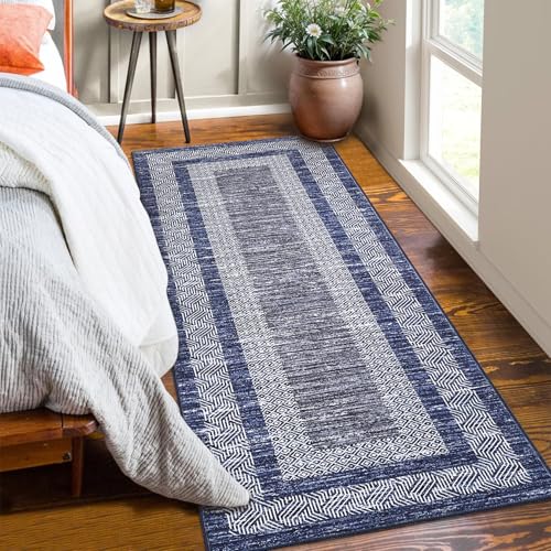 2x6 Modern Bordered Runner Rug Non Slip Washable Floor Carpet (Blue / 2' x 6' (Rectangular))