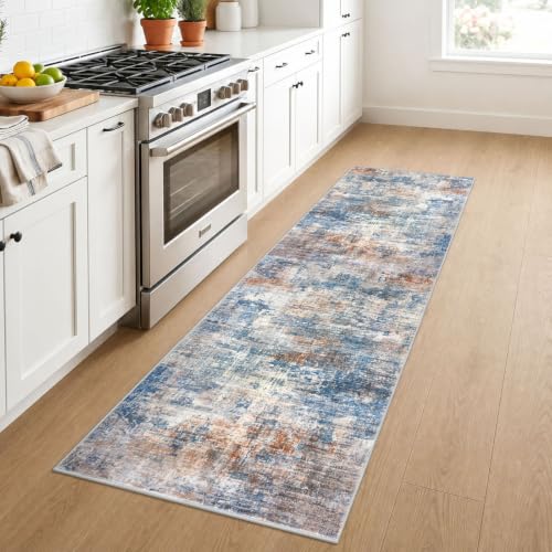 Abstract Runner Rug 2x7 Ft Washable Runners for Hallways (Blue/Rust/White / 2' x 7' (Rectangular))