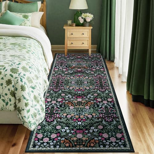2x6 Washable Runner Rug：Floral Indoor Kitchen Carpet Dark Green (Dark Green / 2' x 6' (Runner))