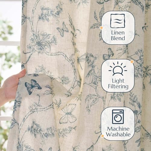 Blue Floral Linen Curtains Lined 96 Inch Vintage Back Tab 2 Panels (Charlotte Blue / 50"W x 96"L (Pack of 2))