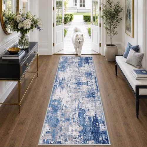 Washable Runner 2'x8' Abstract Area Rug for Hallway Blue Gray (Blue/Gray / 2' x 8' (Runner))