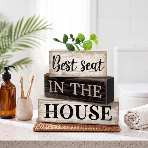 4 Pcs Bathroom Shelf Decor Sign Best Seat In The House Wooden Block (Best Seat in the House)
