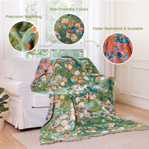 Boho Throw Blanket 50"x60" Cotton Floral Muslin Blanket for Sofa (Green Garden / 50"x60")